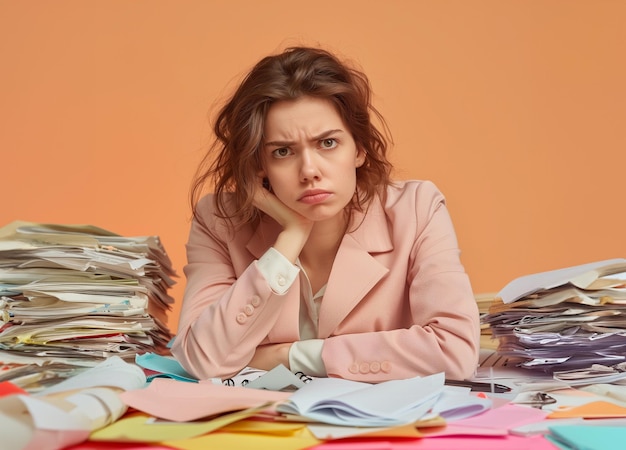 Photo angry tired businesswoman among office documents and tasks clean empty background