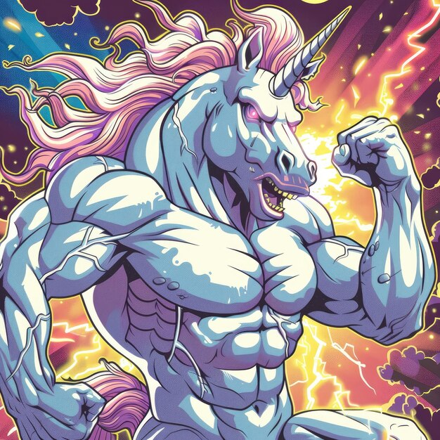 Angry unicorn mascot displaying powerful muscles