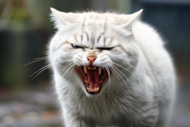 Photo angry white cat with open mouth shallow depth of field