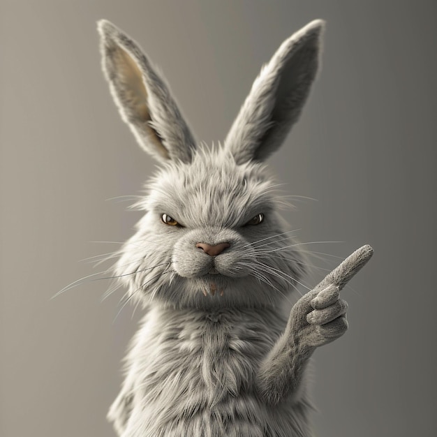 Angry White Rabbit Pointing Finger Against Neutral Background