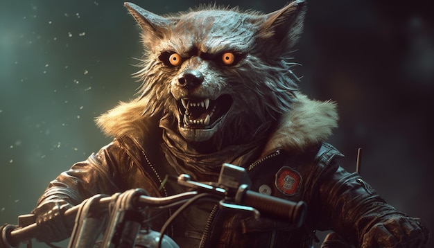 Angry wolf biker is riding a motorcycle