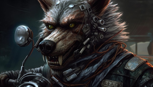 Angry wolf biker is riding a motorcycle