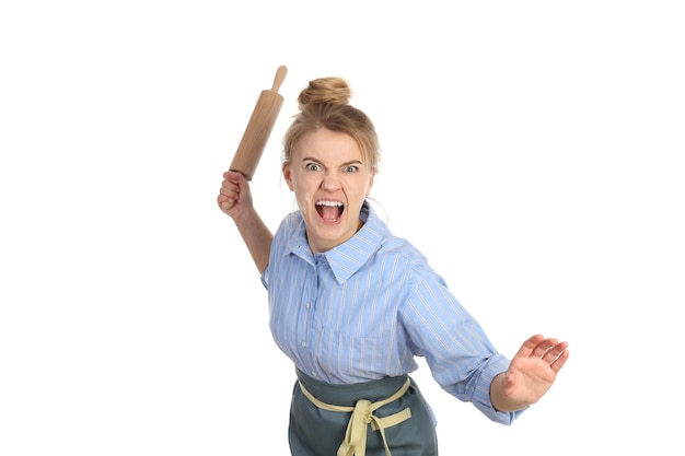 Angry woman with rolling pin isolated on white background