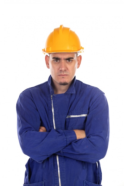 Angry worker with yellow helmet