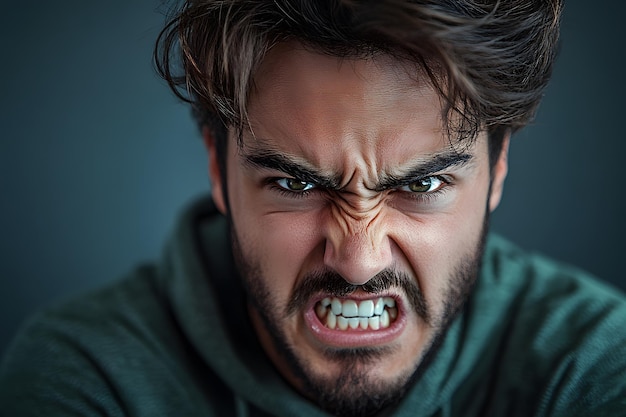 Angry young man with intense expression closeup portrait emotional and fierce look