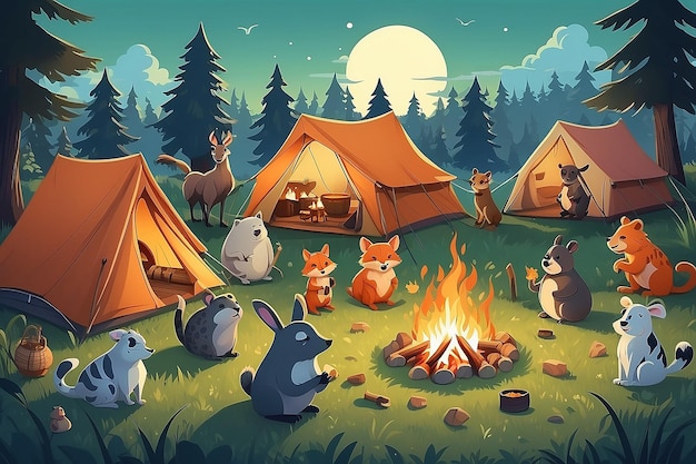 Animal Camping Trip in Grass Field Illustration