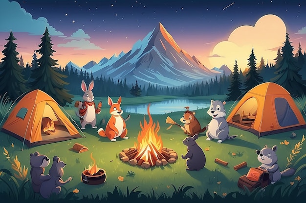 Animal Camping Trip in Grass Field Illustration