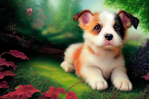 Animal characters for cartoons Cute emotional puppies Green background with flowers in the forest