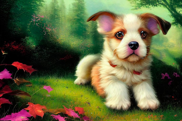 Animal characters for cartoons Cute emotional puppies Green background with flowers in the forest