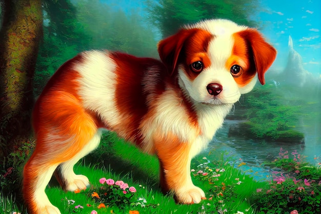 Animal characters for cartoons Cute emotional puppies Green background with flowers in the forest