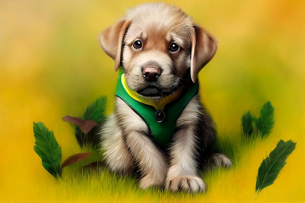 Animal characters for cartoons Cute emotional puppies Green background with flowers in the forest