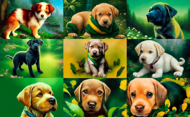 Animal characters for cartoons Cute emotional puppies Green background with flowers in the forest