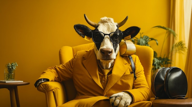 Photo animal concept a cow is sitting and wearing a yellow jacket and glasses generative ai