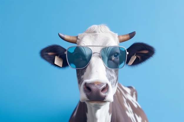 Animal copy funny sunglasses eyeglass head blue space face cow background portrait Generative AI