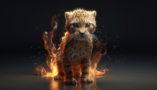 Animal figures in water with fire or water effect cat figure lion figure Kitten and baby lion Generative Ai