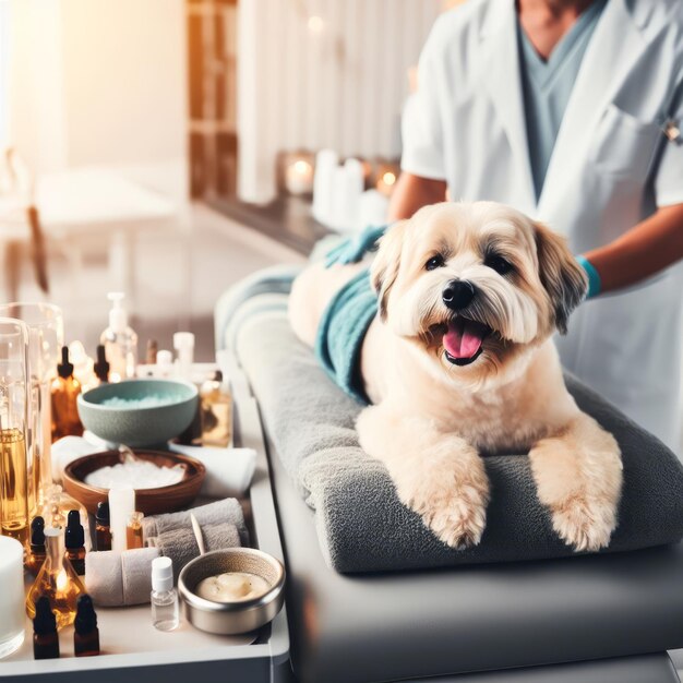 Photo an animal gets a massage in a spa salon pampered dog lying on a towel enjoys relaxing spa treatment