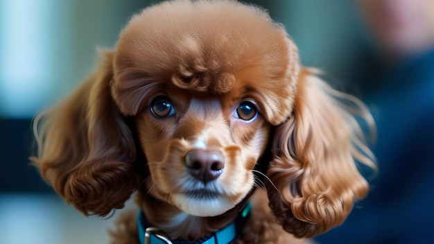 Animal is mans friend Poodle breed closeup Cute cheerful brown puppy looking at the camera