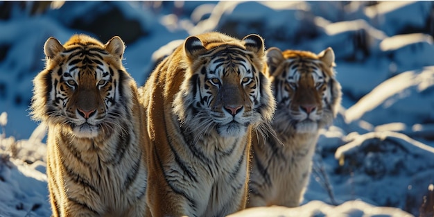 An animal photography of a group of snow tigers thriving their territory for prey