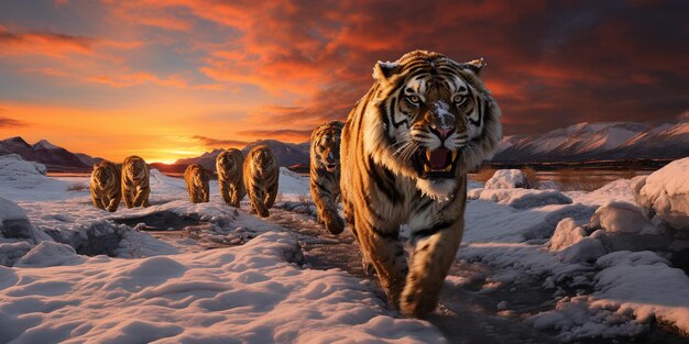 An animal photography of a group of snow tigers thriving their territory for prey