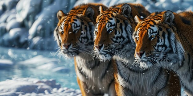 An animal photography of a group of snow tigers thriving their territory for prey