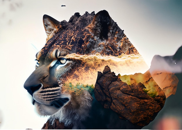 Animal and rock double exposure portrait image