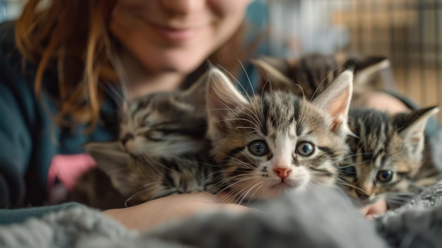 Photo animal shelter volunteer playing with rescued kittens