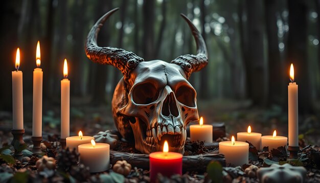 Photo animal skull and candles on dark natural forest background magical esoteric ritual symbol of