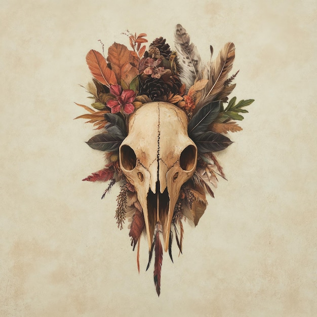 Photo animal skull with autumn leaves and feathers