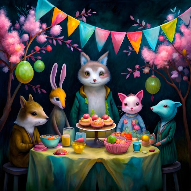 Animals enjoying a party with cake and balloons in a colorful painting