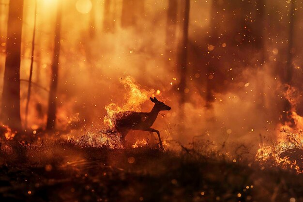 Animals on fire trying to get out of a forest fire