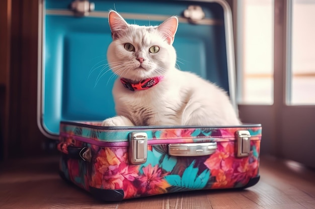 Animals at the resort on their vacation in sunglasses and with a travel case next to them