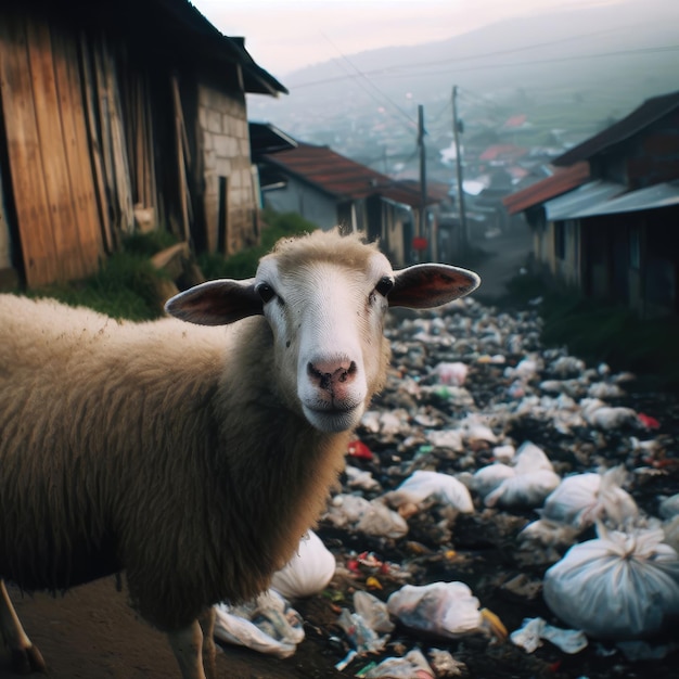 animals sheeps among garbageSave animals environmental problems background image