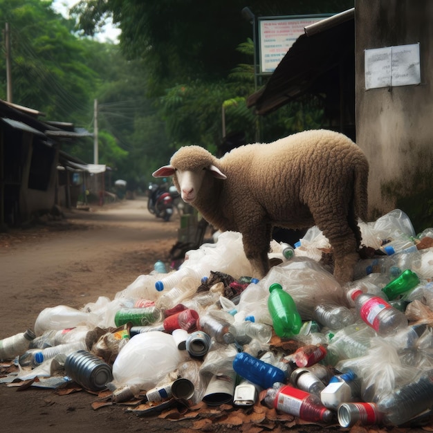 animals sheeps among garbageSave animals environmental problems background image