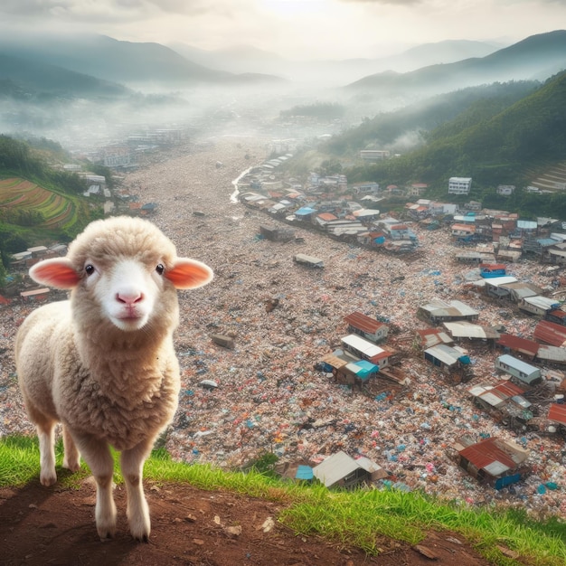 animals sheeps among garbageSave animals environmental problems background image