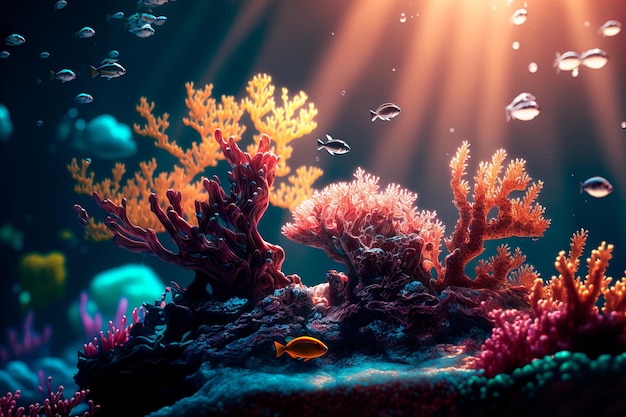 Animals of the underwater sea world Coral reef and sea creaturesDigital art