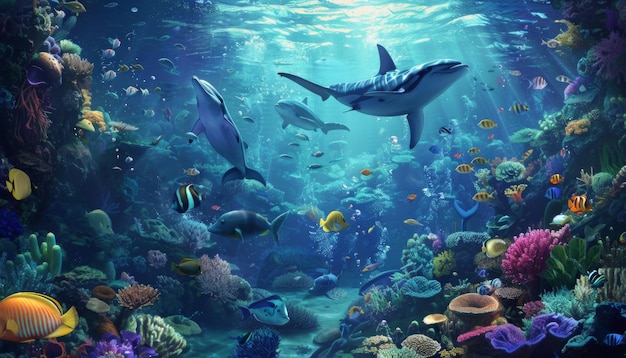 Animals of the underwater sea world Ecosystem Colorful tropical fish Life in the coral reef