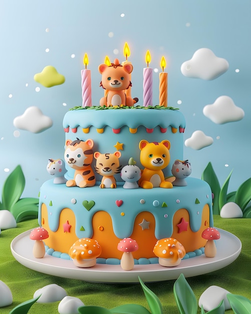 Animalthemed Birthday Cake with Candles Generative Ai