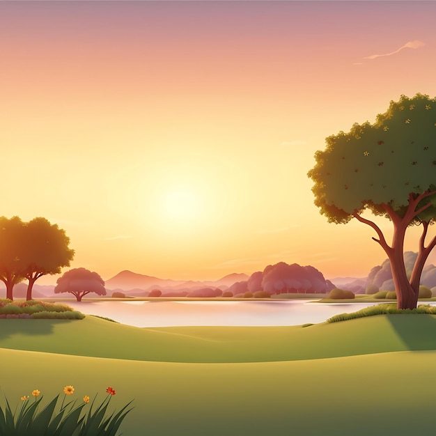 Animate sunset Cartoon Pond Background Generated Ai