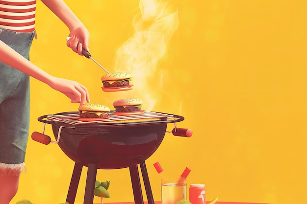 An animated 2D illustration of a person flipping burgers on a barbecue grill with smoke and food