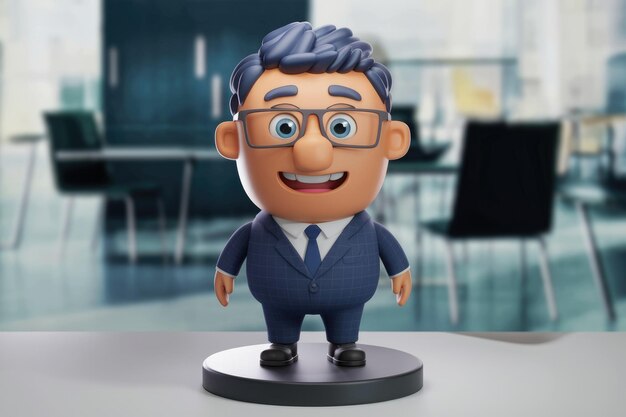 Photo animated 3d character dressed in formal suit with glasses in modern office setting