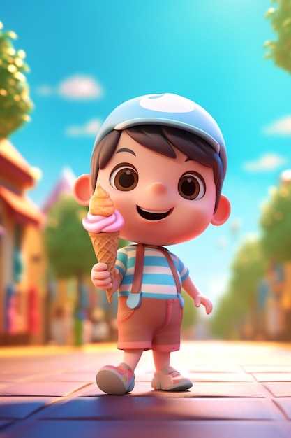 An animated boy holding an ice cream with blue sky and bokeh park background