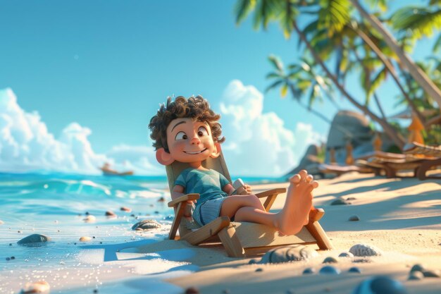 Photo animated boy relaxing on tropical beach