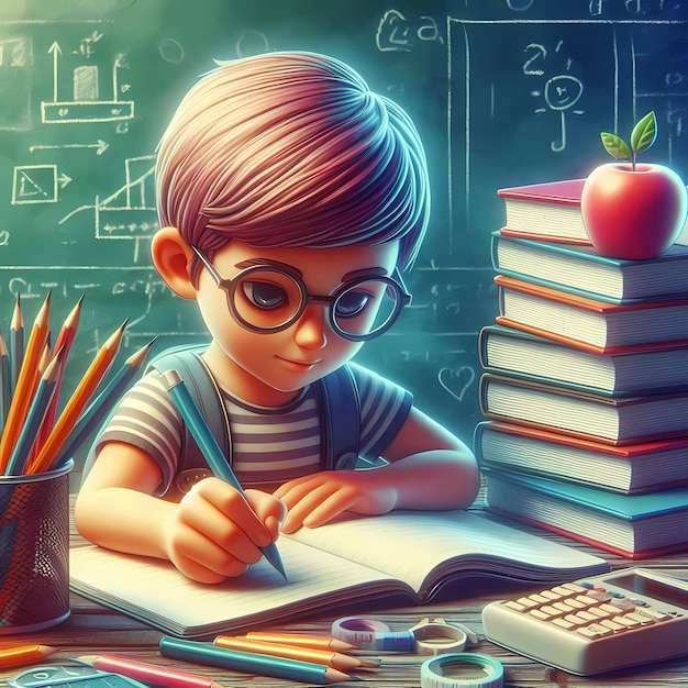 Animated Boy Studying With Books and School Supplies