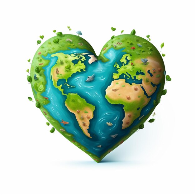 Animated cartoon earth in the shape of love on a white background