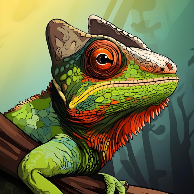 Animated cartoon flash card illustration of a Chameleon lizard