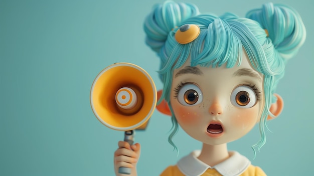 An Animated Character with Blue Hair and a Megaphone