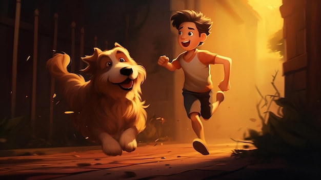 Animated character with his dog Playful Animation Man and Dog Enjoying Time Together