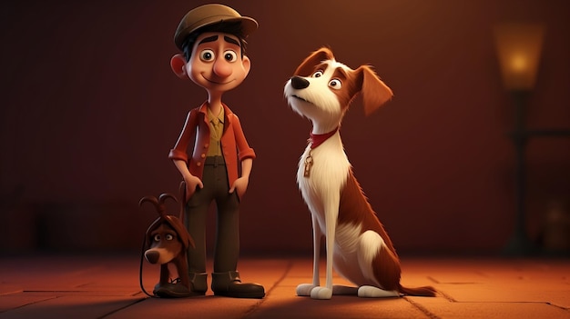 Animated character with his dog Playful Animation Man and Dog Enjoying Time Together