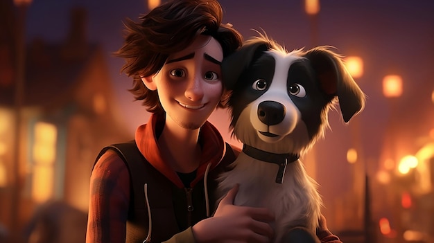 Animated character with his dog Playful Animation Man and Dog Enjoying Time Together