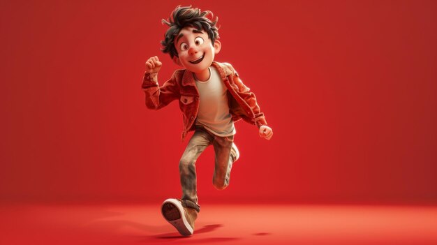 Photo animated character of a young boy running happily against a vibrant red backdrop expressing movement